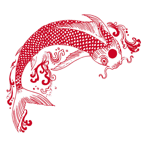 Όμορφο vintage μελάνι κινέζικο ψάρι Koi σε chinoiserie στυλ για ύφασμα ή εσωτερικό σχεδιασμό. Χειροκίνητη διανυσματική απεικόνιση. - Φωτογραφία, εικόνα
