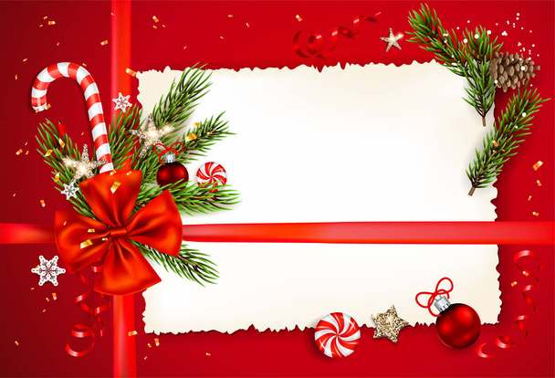 Decorations on red holiday background - Вектор, зображення