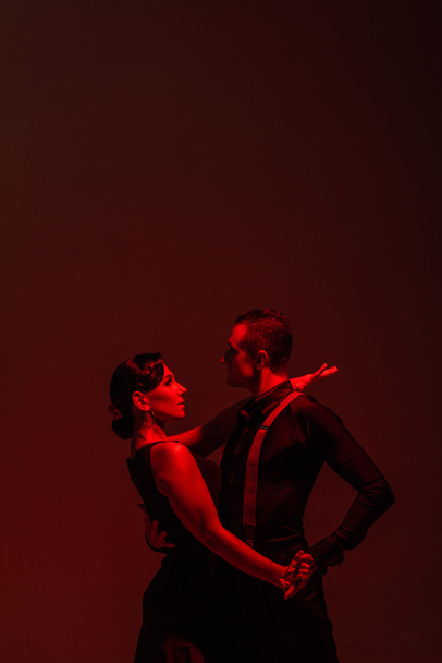 sensual couple of dancers performing tango on dark background with red illumination - Photo, Image