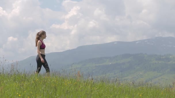Jeune femme touriste levant la main dans la gestion des gagnants tout en randonnée dans les montagnes d'été
. - Séquence, vidéo