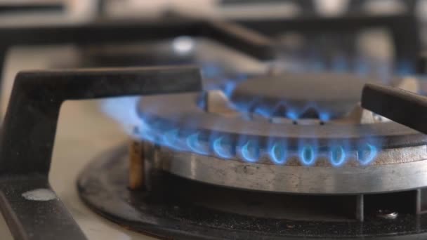 Detailní záběr z modrého ohně z domácí kuchyně, sporák. Plynový vařič s hořící plameny propan plyn. - Záběry, video