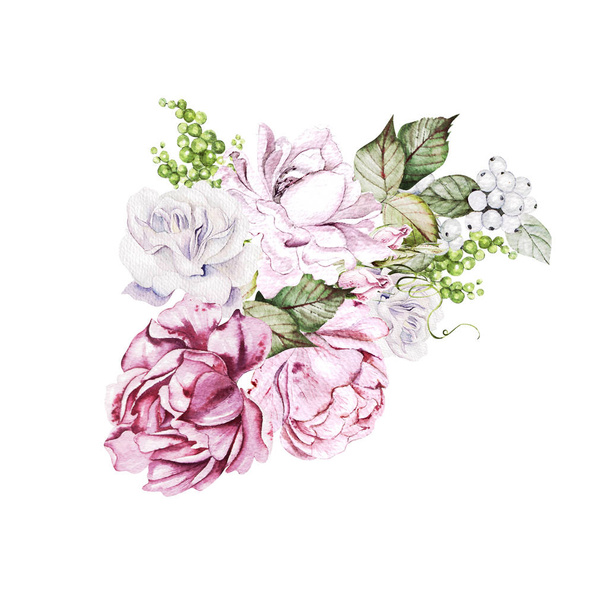 Belle aquarelle mariage Bouquet de roses fleurs et pivoine
.  - Photo, image