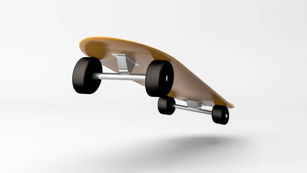 Ρεαλιστική μακέτα του αντικειμένου skateboard, 3d απόδοση, που φέρουν στον αέρα δράση στην μπροστινή πλευρά πυροβόλησε, απομονώνονται σε λευκό φόντο. - Φωτογραφία, εικόνα