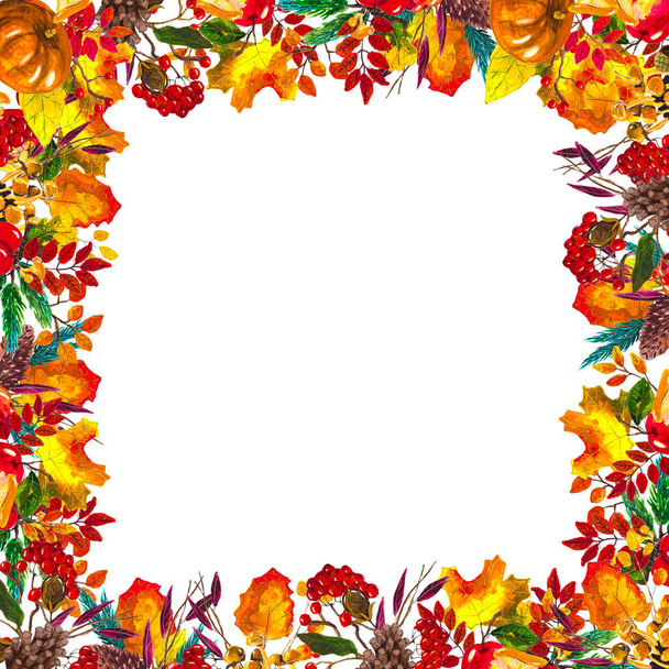 Autumn leaves border. Watercolor hand drawn frame - 写真・画像