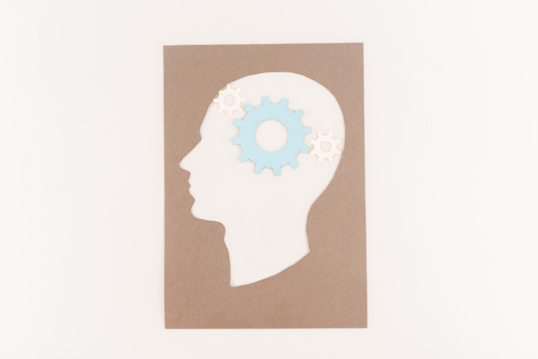 vista dall'alto della silhouette della testa umana con ingranaggio blu isolato su bianco
 - Foto, immagini