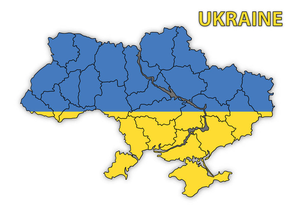 Λεπτομερής χάρτης της Ουκρανίας με τη σημαία της χώρας και σκιά. - Διάνυσμα, εικόνα