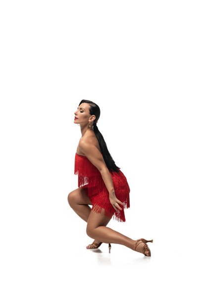 elegante bailarina en cuclillas con los ojos cerrados mientras realiza tango sobre fondo blanco
 - Foto, Imagen