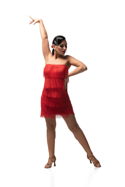 beautiful, passionate dancer in red dress with fringe performing tango on white background - Fotografie, Obrázek