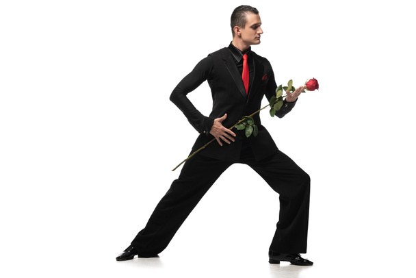 sensual bailarina en elegante traje negro realizando tango con rosa negra sobre fondo blanco
 - Foto, Imagen