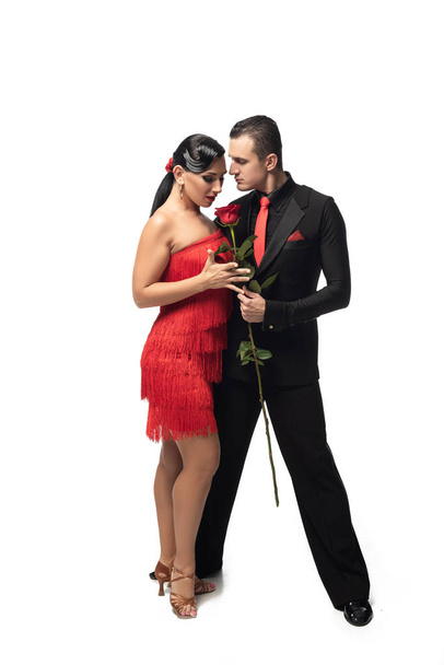 expressive, elegant dancer gifting red rose to attractive, sensual partner on white background - Foto, imagen