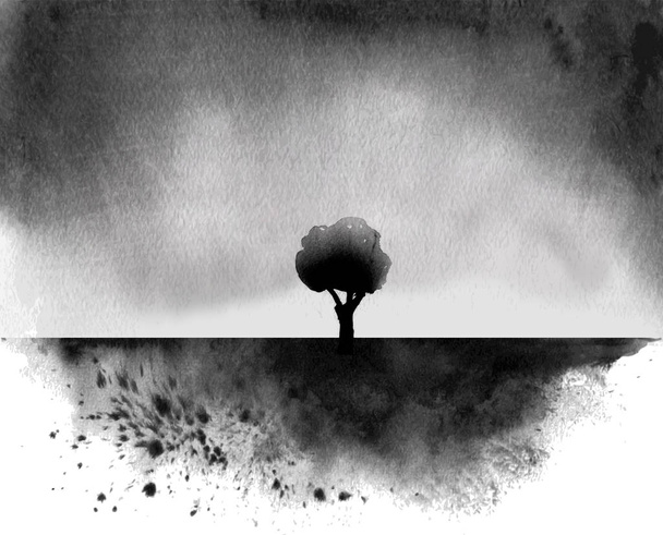 A tinta preta lava a pintura com uma árvore sob a chuva no campo. Tinta japonesa tradicional lavagem pintura sumi-e
. - Vetor, Imagem
