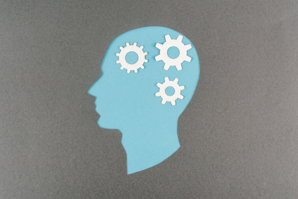 top view of cut out blue human head with white gears isolated on grey - 写真・画像