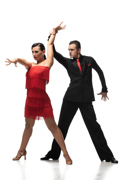bailarines apasionados y elegantes que realizan tango sobre fondo blanco
 - Foto, imagen