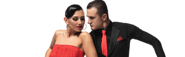 tiro panorâmico de casal sensual de dançarinos realizando tango isolado no branco
 - Foto, Imagem