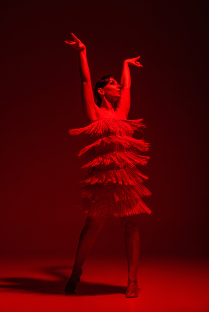 beautiful dancer in dress with fringe dancing tango on dark background with red illumination - Foto, Imagem