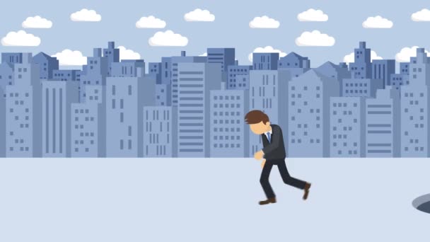 Businessman walking. Jump over the hole of big city. Metropolis. Buildings. Get caught in a trap. Business concept. Loop animation. - Footage, Video