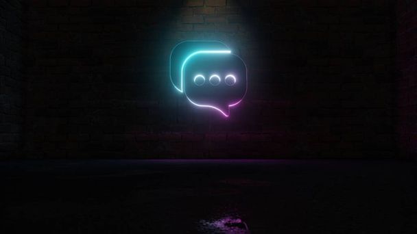 3D rendering of blue violet neon symbol of two rounded chat bubble icon on brick wall - Photo, Image