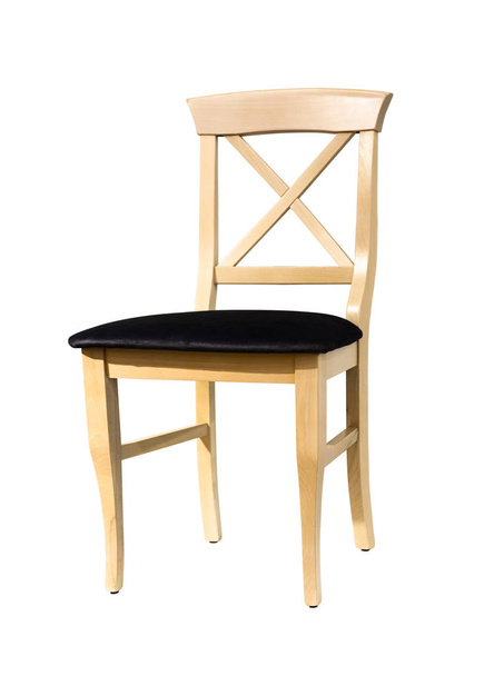 jednoduchá klasická dřevěná židle s černým textilním sedadlem izolovaná na bílém - Fotografie, Obrázek