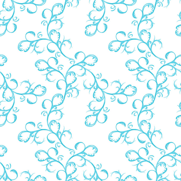 Seamless pattern of abstract artistic blue elements-monograms in frosty style. Winding lines. Watercolor hand painted elements isolated on white background. - Zdjęcie, obraz