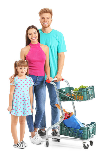 Family with shopping cart on white background - Φωτογραφία, εικόνα