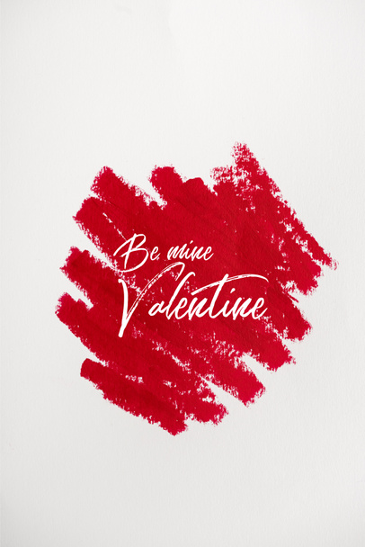 top view of red drawn stroke with be my valentine letters isolated on white  - Fotó, kép