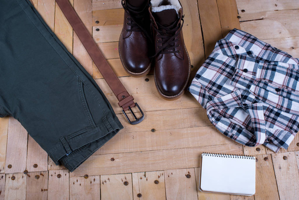 men's stylish winter clothes and Blank white notebook . winter fashion - Foto, Imagem