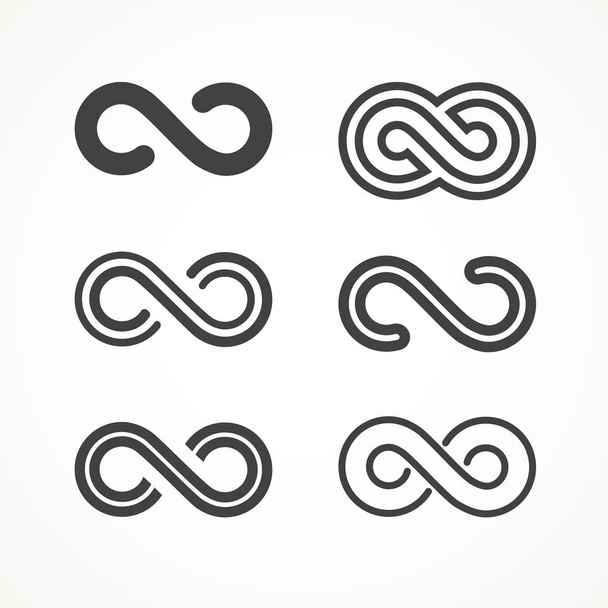 Άπειρο σύμβολο. Σετ λογότυπων διανύσματος. Μαύρα περιγράμματα διαφόρων σχημάτων, πάχους και ύφους που απομονώνονται στο λευκό. Σύμβολο επανάληψης και απεριόριστης κυκλικότητας - Διάνυσμα, εικόνα
