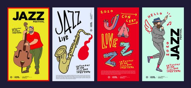 Music Festival Illustration Design for Jazz, Rock, Metal, Blues, Punk, and Live Music Concert 2020. Ilustracja wektorowa Kolaż Festiwalu Muzycznego Plakat, Baner, Tło i Tapety - Wektor, obraz
