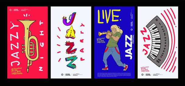 Illustrationsdesign für Jazz-, Rock-, Metal-, Blues-, Punk- und Live-Musik-Konzert 2020. Vektorillustration Collage aus Musik-Festival-Plakat, Banner, Hintergrund und Tapete - Vektor, Bild