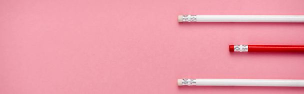 panoramic shot of erasers on pencils isolated on pink  - Photo, Image