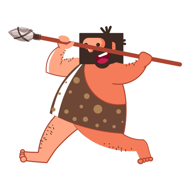 Caveman jager met speer in dierlijke huid geïsoleerd karakter - Vector, afbeelding