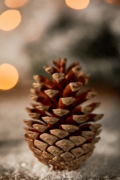 close up of pine cone on snow with christmas lights bokeh - Фото, зображення