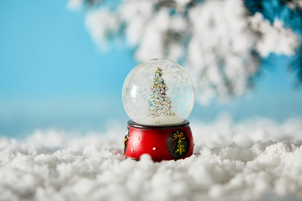 pequeño árbol de Navidad en bola de nieve de pie en azul con ramas de nieve y abeto
 - Foto, Imagen