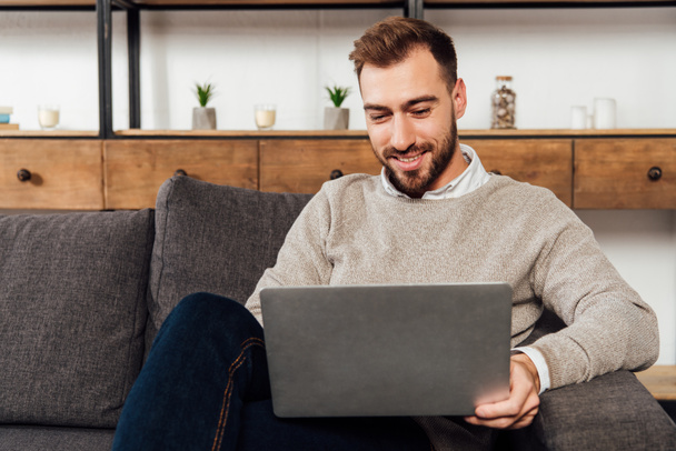 Smiling man using laptop on sofa in living room - Photo, Image