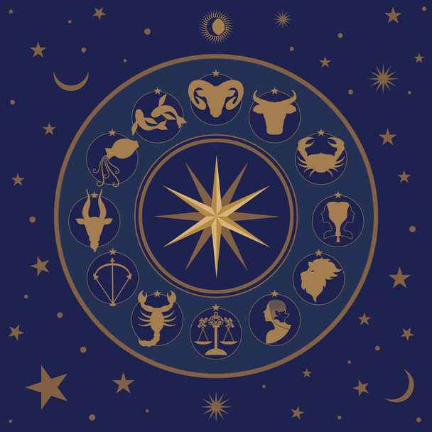 Ζόντιακ τροχός σε έναστρο ουρανό, ήλιο, φεγγάρι και αστέρια - Διάνυσμα, εικόνα