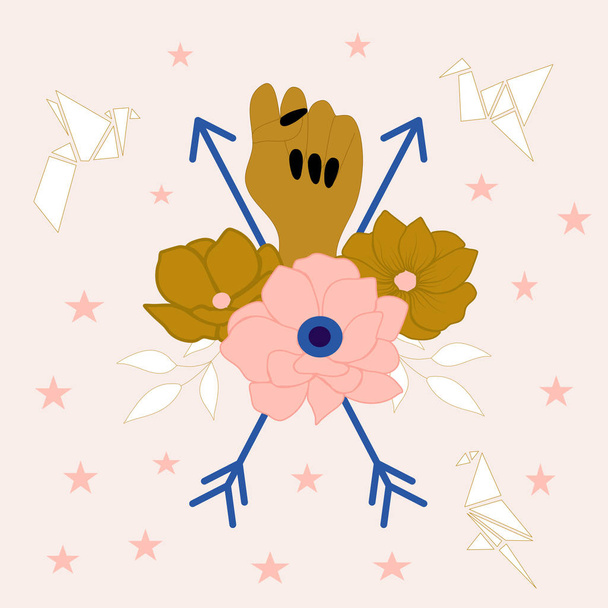 Ilustração vetorial com pássaros de papel, mão e estrelas
 - Vetor, Imagem