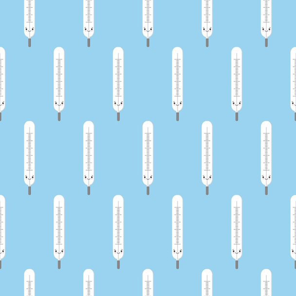 Seamless pattern texture of endless repetitive cute medical mercury glass thermometers for measuring body temperature on a blue background. - Wektor, obraz