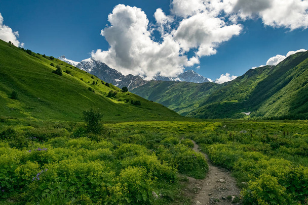 Paisagem de montanha do vale de Adishi durante a caminhada de Mestia para Ushguli, Upper Svaneti, Geórgia
 - Foto, Imagem