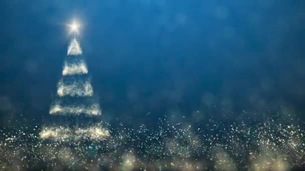 sparkling lights golden Christmas tree card.Merry Christmas and Happy New Year greeting message on blue background,snow flakes.Elegant animated holiday season social post digital xmas card 4k video - Footage, Video
