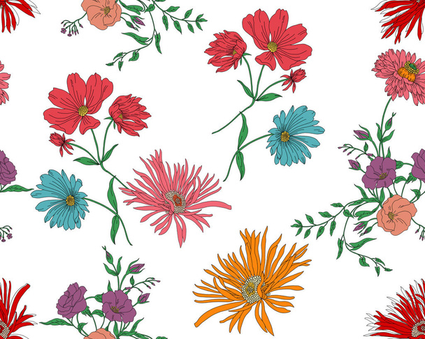 Seamless modern colored floral pattern. Ready for textile prints. Hand painted illustration on white background. - Photo, image