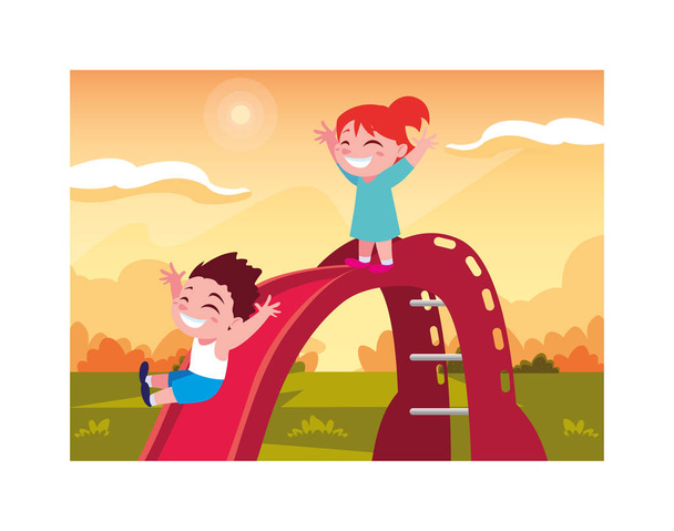 children smiling and enjoying on slide - Vector, Image