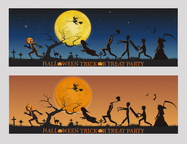 Halloween kísérteties trükk vagy csíny party banner. Gonosz szörnyek üldözik Mr. Tökfejet, aki menekül a boszorkány, halál, szellem, zombi, ember fűrésszel és fejszével a temetőben. Vektorillusztráció. - Vektor, kép