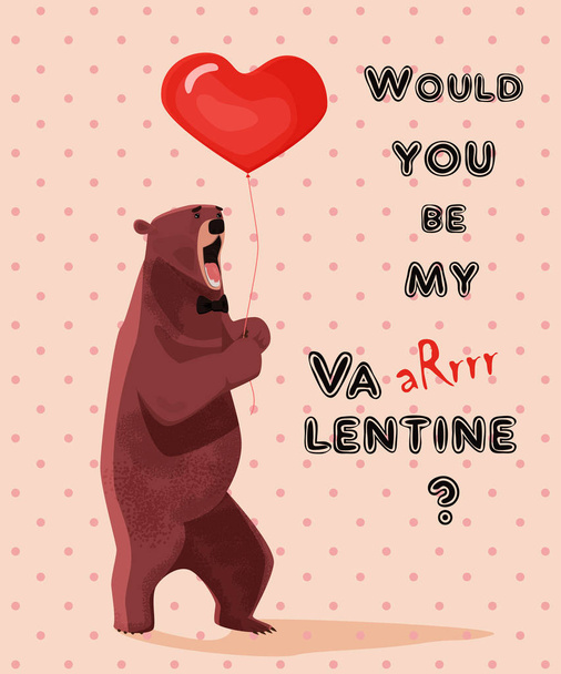 Greeting card Happy Valentine's Day. Growling brown bear with heart-shaped balloon. - Vector, Image