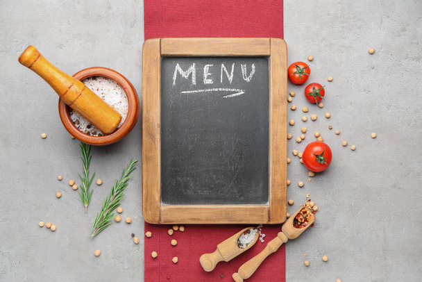 Blank menu and products on grey background - Photo, Image