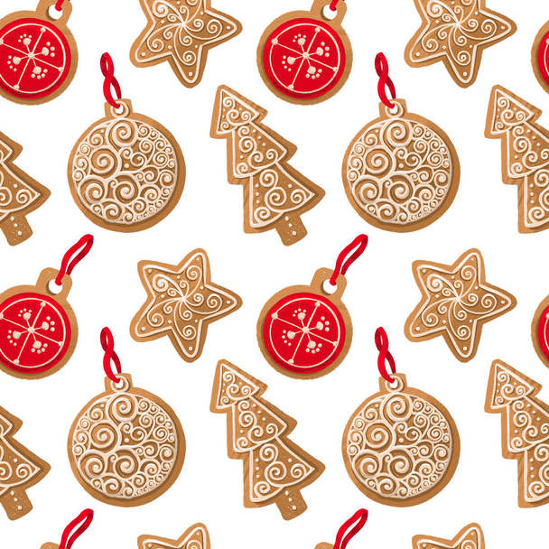 Kerst naadloos patroon met peperkoek boom, Kerst speelgoed, ster met glazuur - Foto, afbeelding