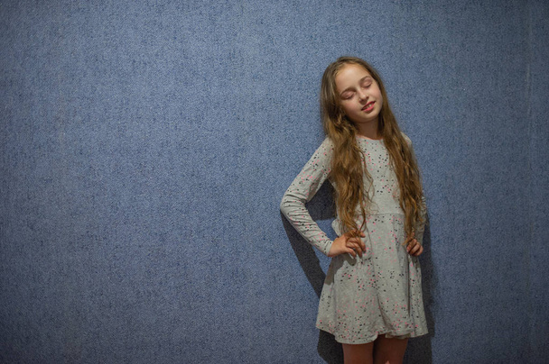 Cute girl eleven years old with blond long hair in a gray dress on a blue background - Photo, Image