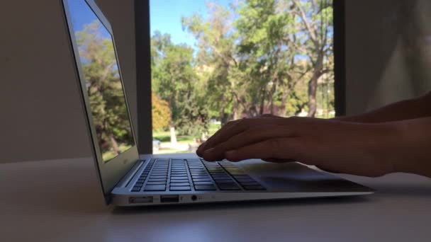Person writing on a laptop. In the background there is a window, and throw the window there are trees. - Footage, Video