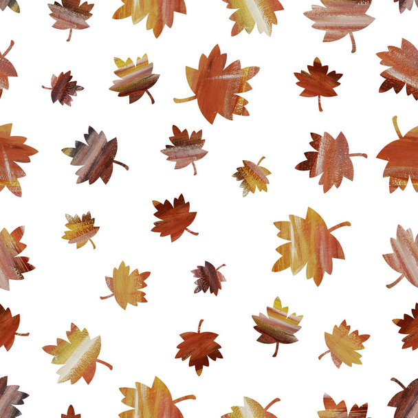 Seamless pattern texture of color yellow and orange and brown carved maple leaves isolated on a white background. Autumn set - Photo, Image