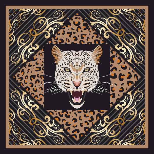 Leopard skin pattern. Golden floral elements on black background. Cheetah head. Animal vector illustration. Bandanna, shawl, scarf, kerchief theme. - ベクター画像
