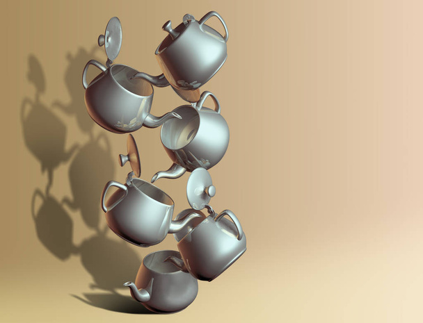 The Golden teapot pours liquid into an old rusty teapot. The concept of sycophancy. 3D rendering. - Foto, afbeelding